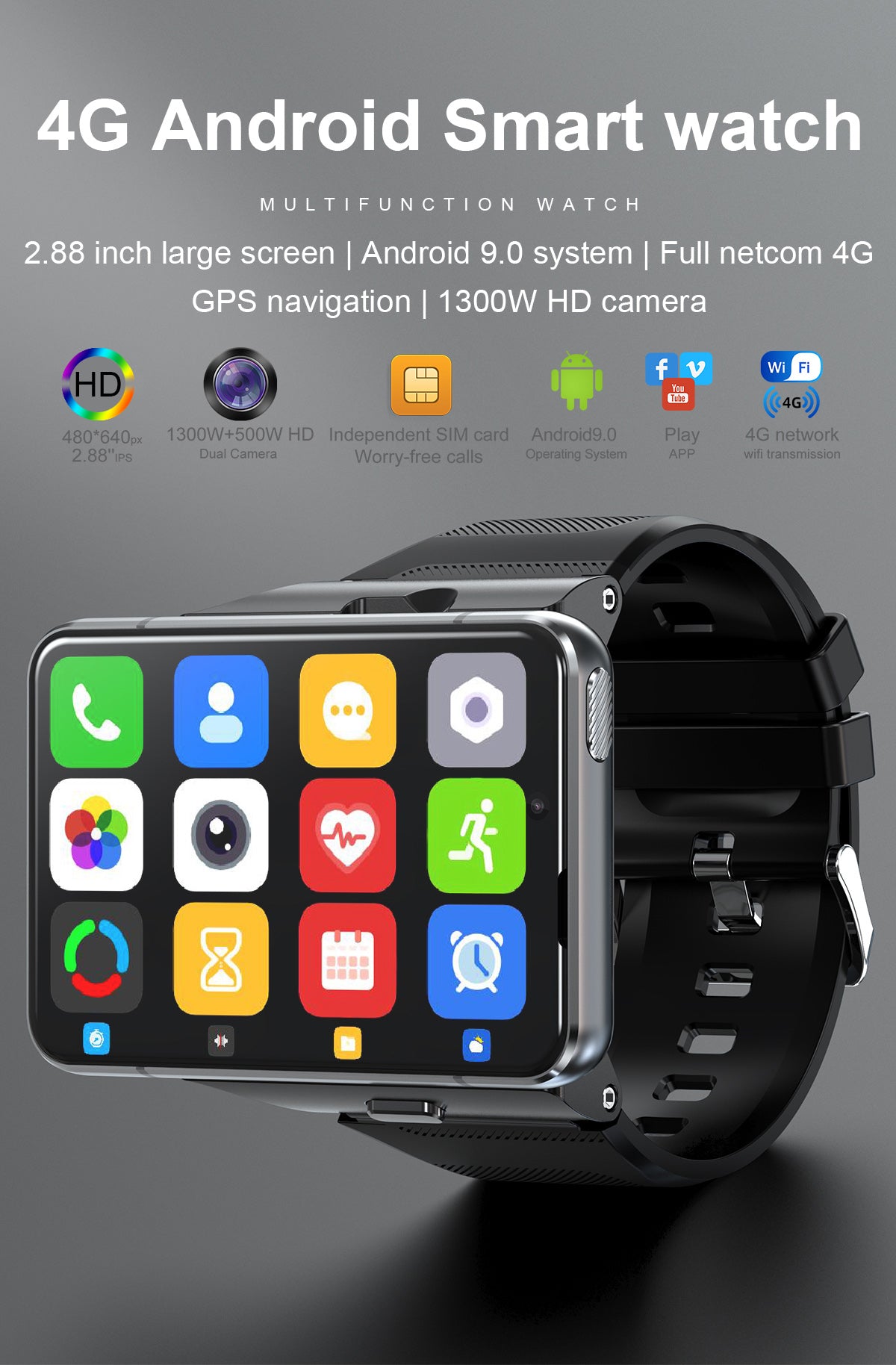 Superior Gaming and Video Experience with 4G Smartwatch: iPhone and Android Compatible, 2.88 Inch Display, Dual Camera, 13 megapixel.