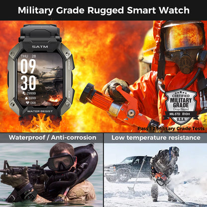 Rugged Smartwatch for Men: 50M Deep Dive Waterproof, Full-Featured Health Tracker with Bluetooth Call for Android & iPhone