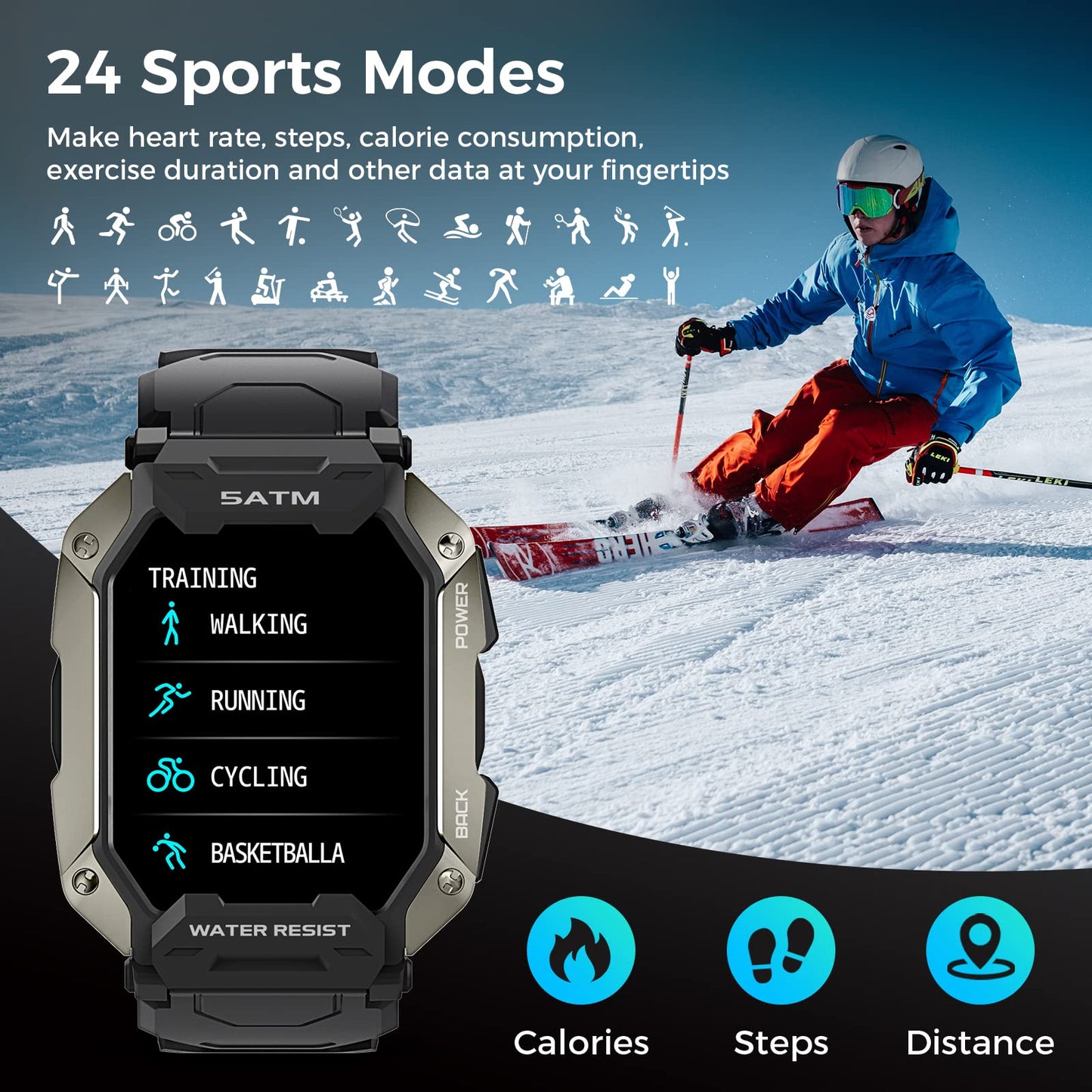 Rugged Smartwatch for Men: 50M Deep Dive Waterproof, Full-Featured Health Tracker with Bluetooth Call for Android & iPhone