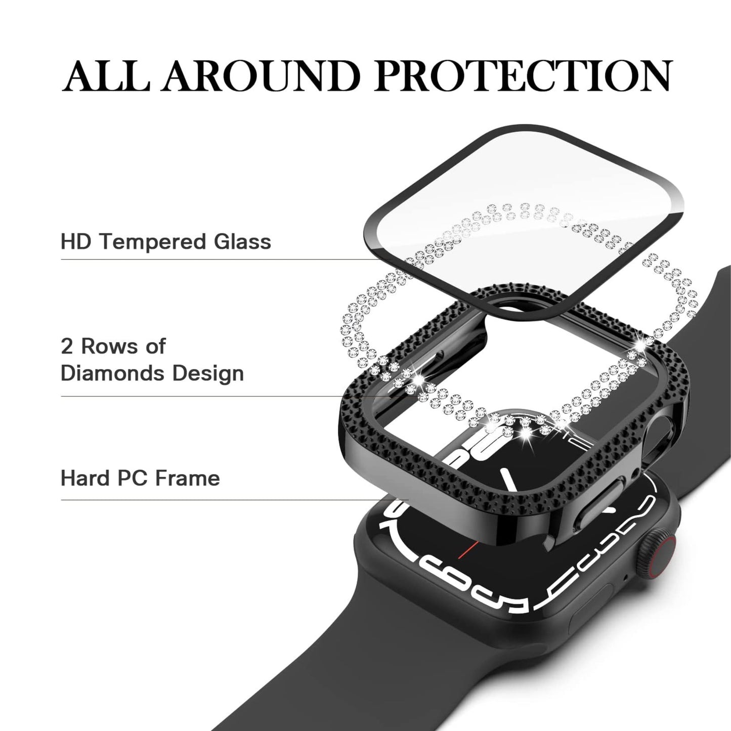 4 Packed Cases with Double Diamond Design, PC Electroplating and Tempered Glass - Fashionable and Shiny, Compatible with Apple Watch