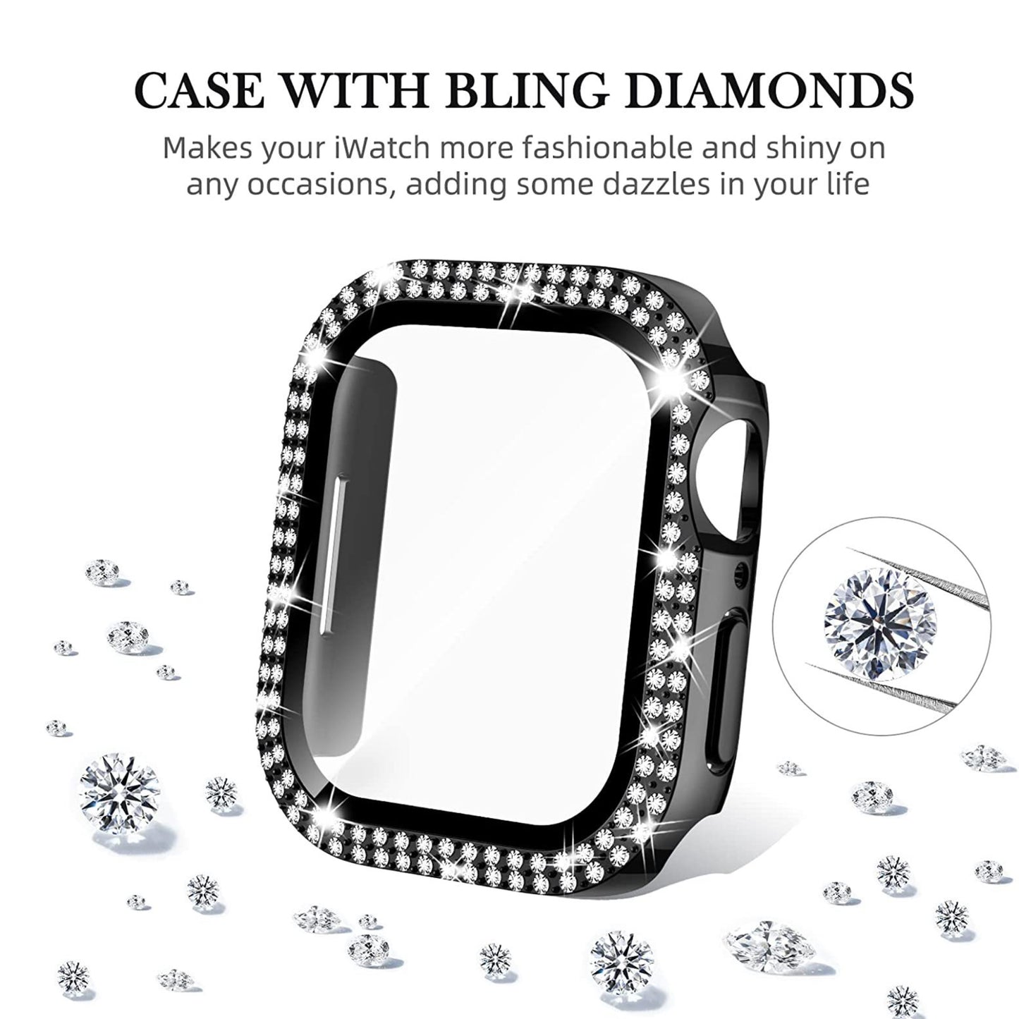 4 Packed Cases with Double Diamond Design, PC Electroplating and Tempered Glass - Fashionable and Shiny, Compatible with Apple Watch